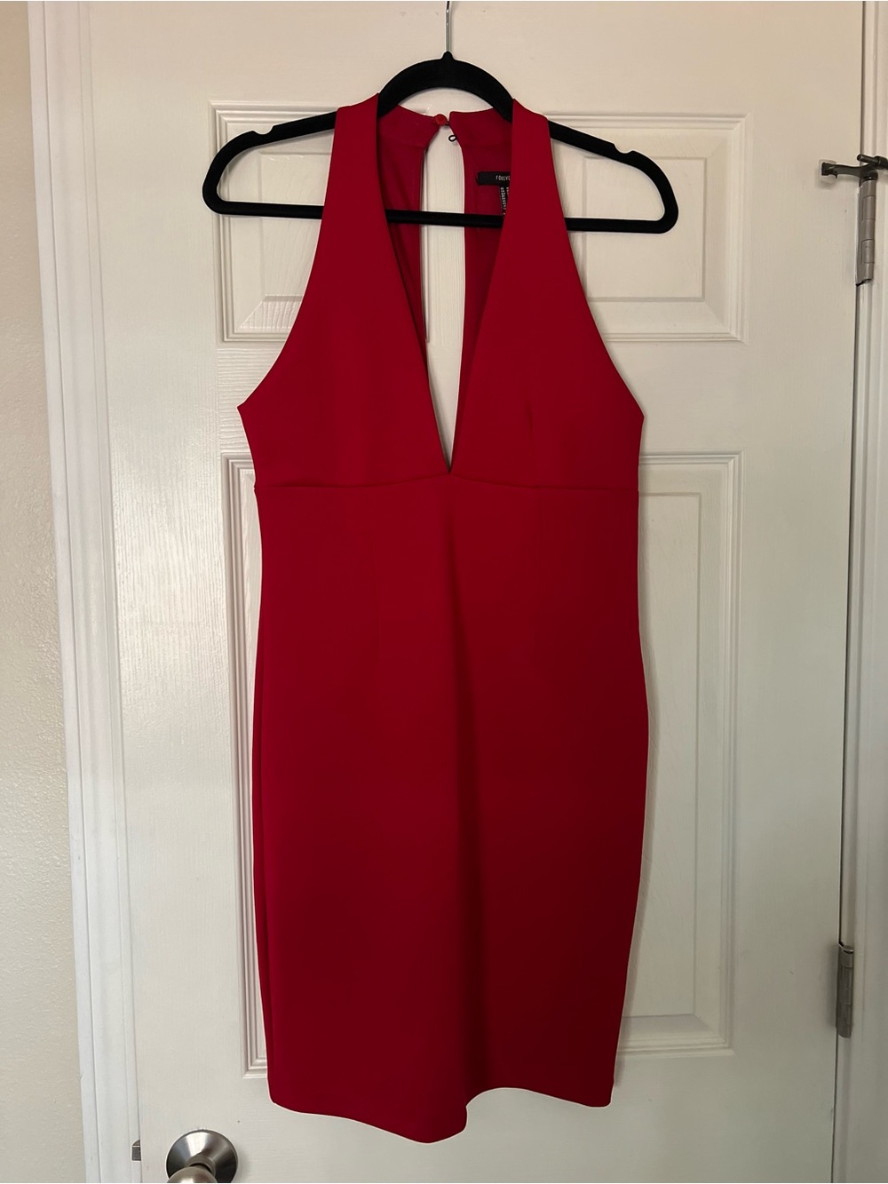 Forever 21 Red Plunge Halter Midi Sheath Dress